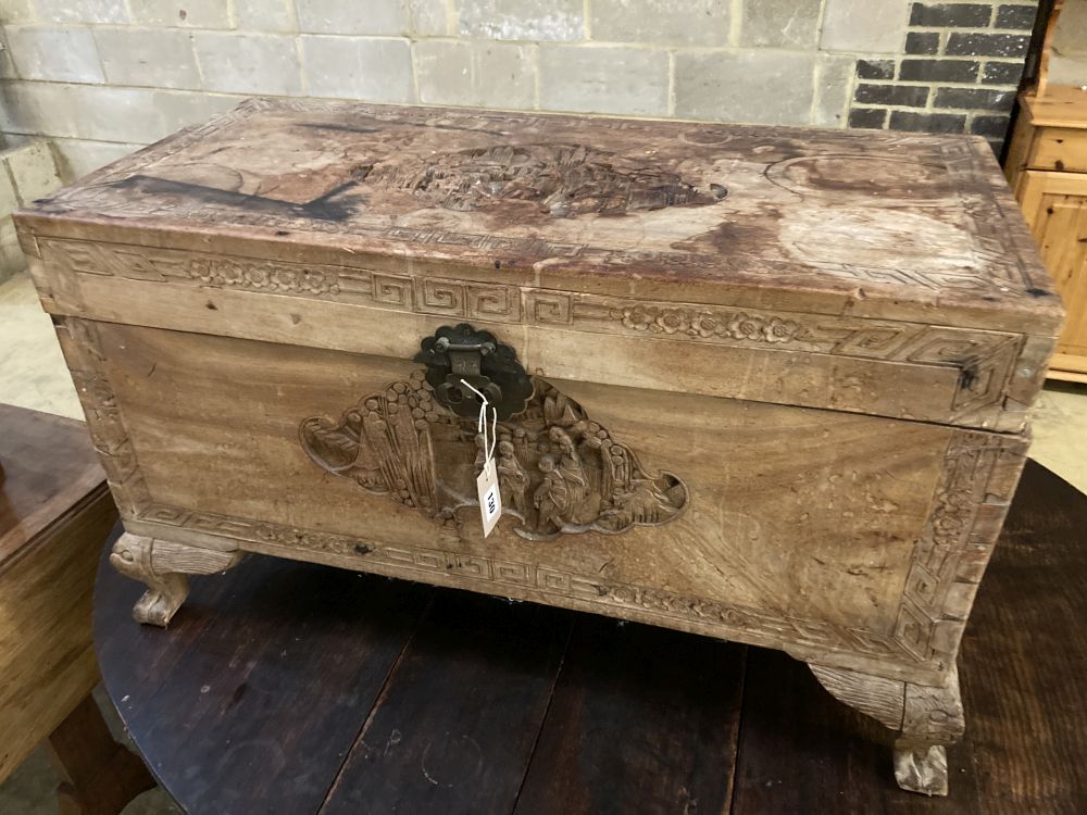 A Chinese carved camphorwood trunk, width 92cm depth 48cm height 51cm